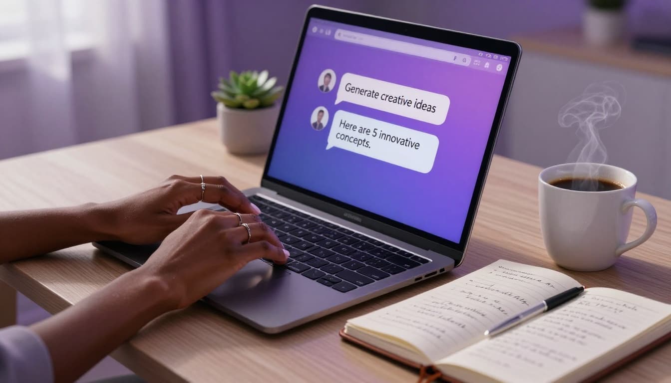 Close up of a Black woman’s hands typing on a laptop with an AI chat screen while taking notes in a notebook