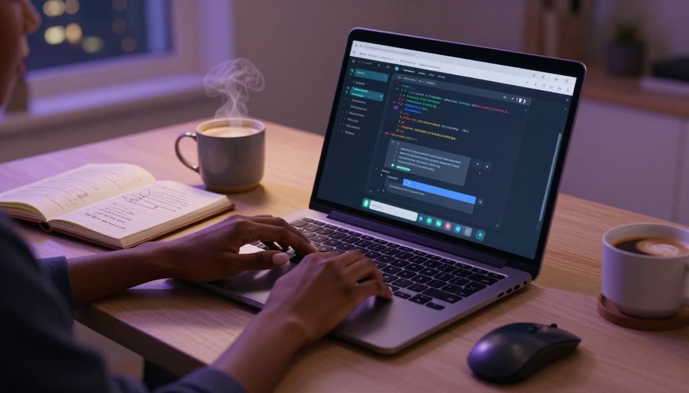 Close up of a Black woman’s hands typing on a laptop with an AI interface while reviewing notes