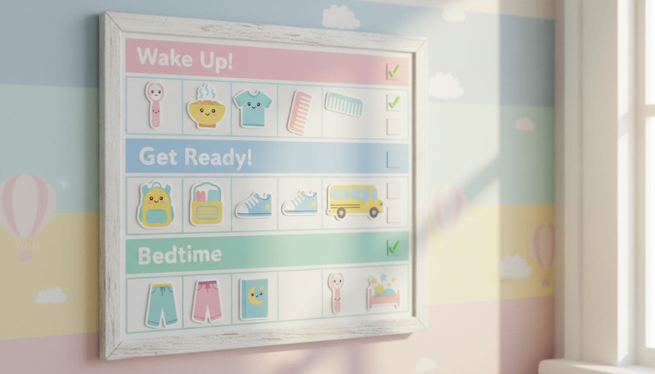 Child-friendly visual daily routine board showing wake up, get ready, and bedtime steps with illustrated icons