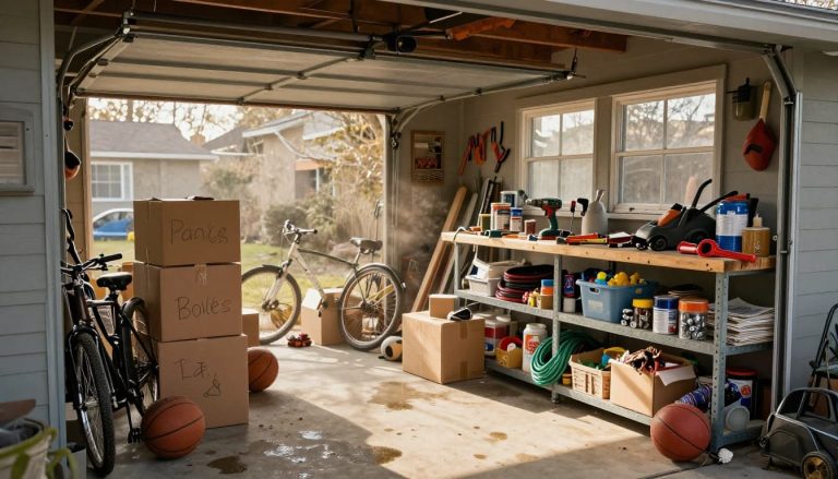 Cluttered suburban garage filled with boxes, sports equipment, tools, and household items