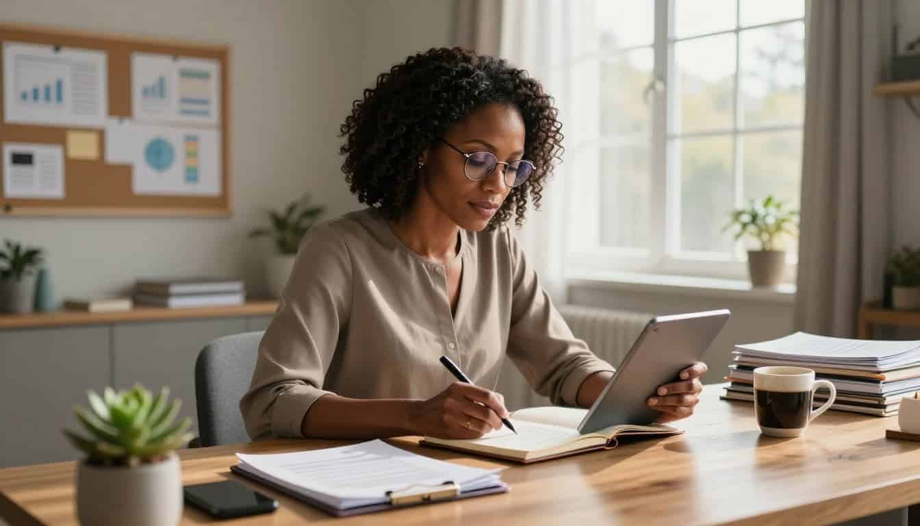 Black woman entrepreneur reviewing contracts and notes at a home office desk