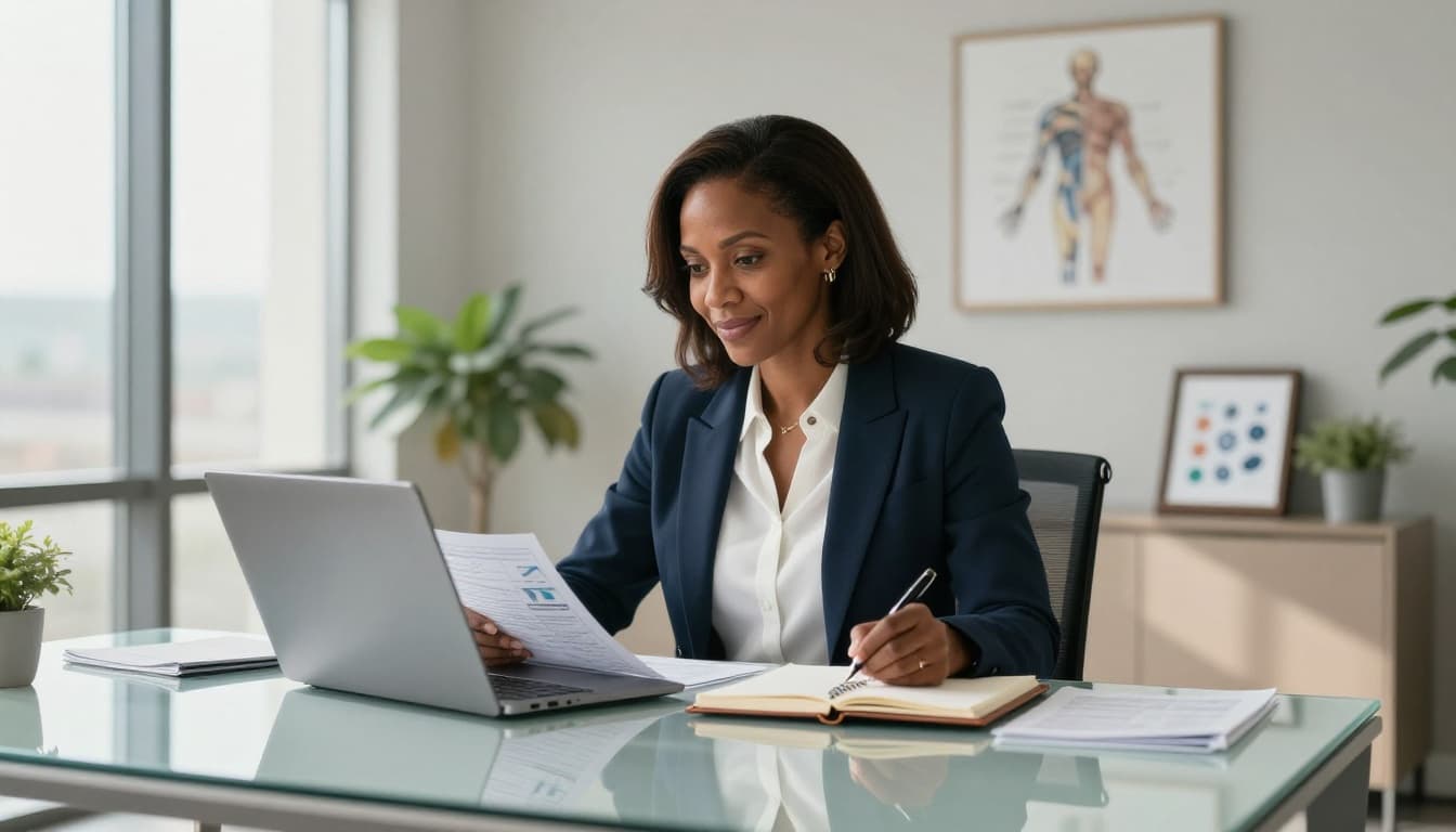 Healthcare entrepreneur reviewing documents at her desk in a modern office