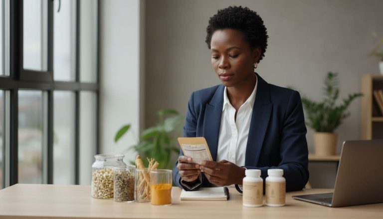 Health brand founder reviewing supplement ingredients and product labels at a desk