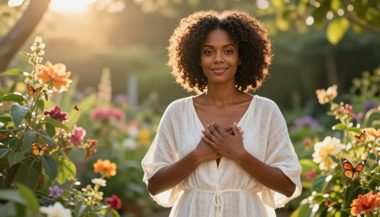 Confident woman with hand over heart celebrating wellness progress