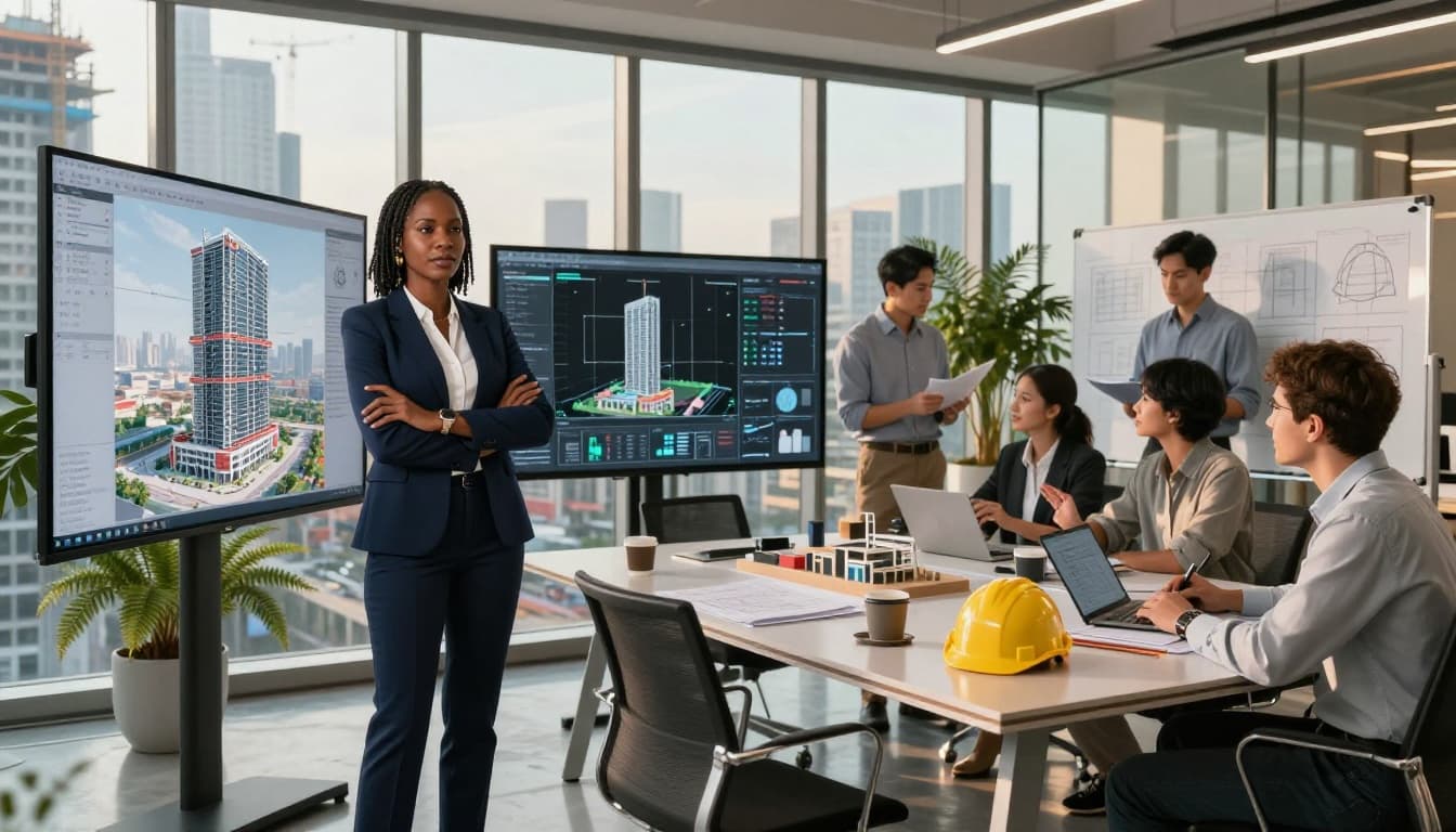 Black female construction manager reviewing digital project management software