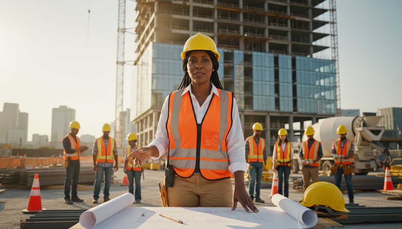 Black female construction project manager reviewing blueprints on an active job site