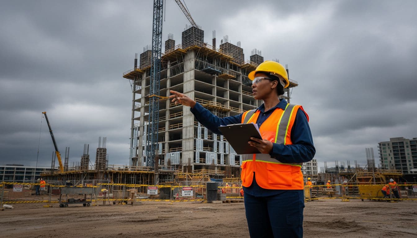 Black female construction supervisor inspecting a building site with clipboard