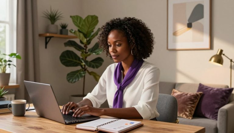 Black woman entrepreneur working on a laptop at a cozy home office desk with plants and a planner