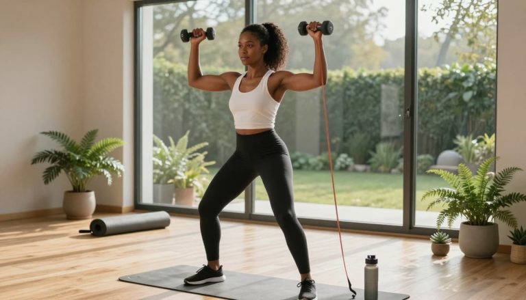 Woman performing shoulder presses with dumbbells and resistance band in a home workout space