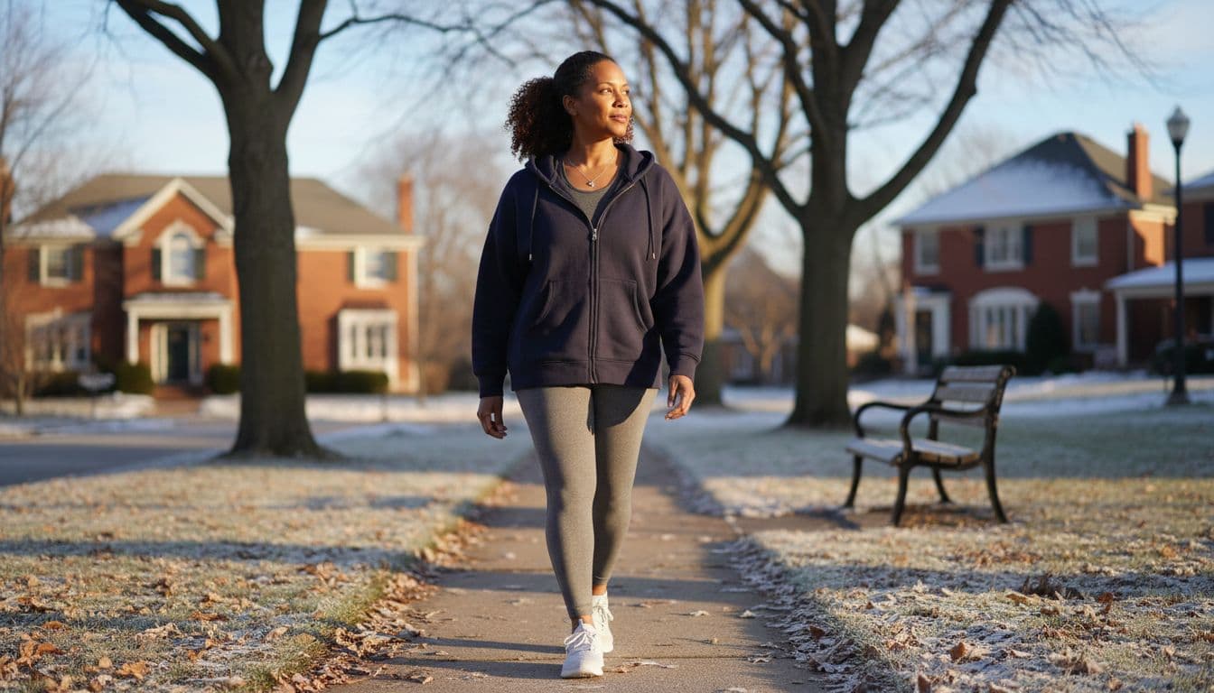 Black woman in her 40s walking outdoors in soft winter sunlight for heart health
