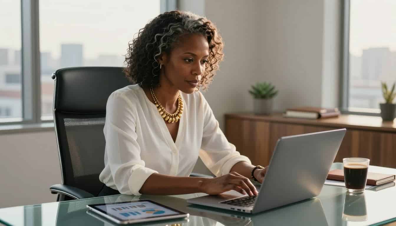 Confident Black woman entrepreneur reviewing vendor finances on a laptop in a modern office
