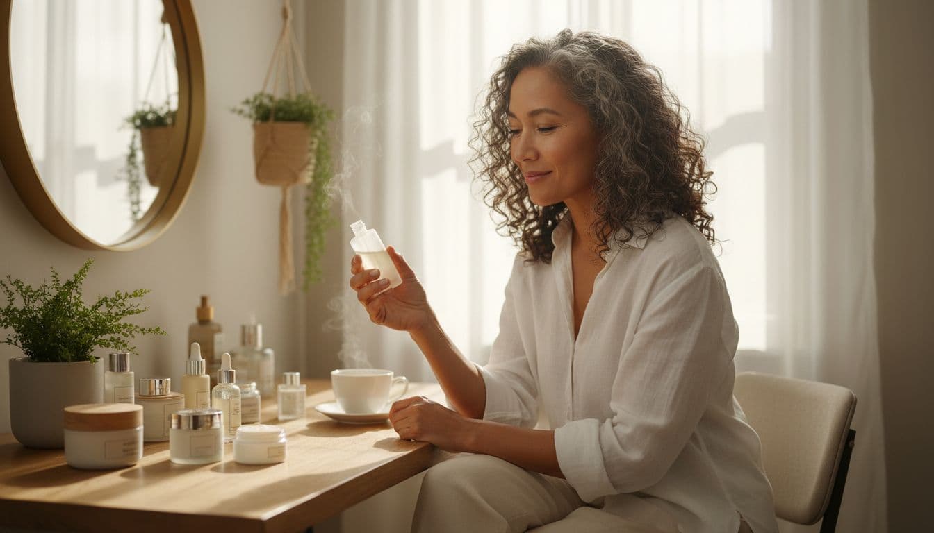 Woman over 40 reviewing skincare products at home with calm expression