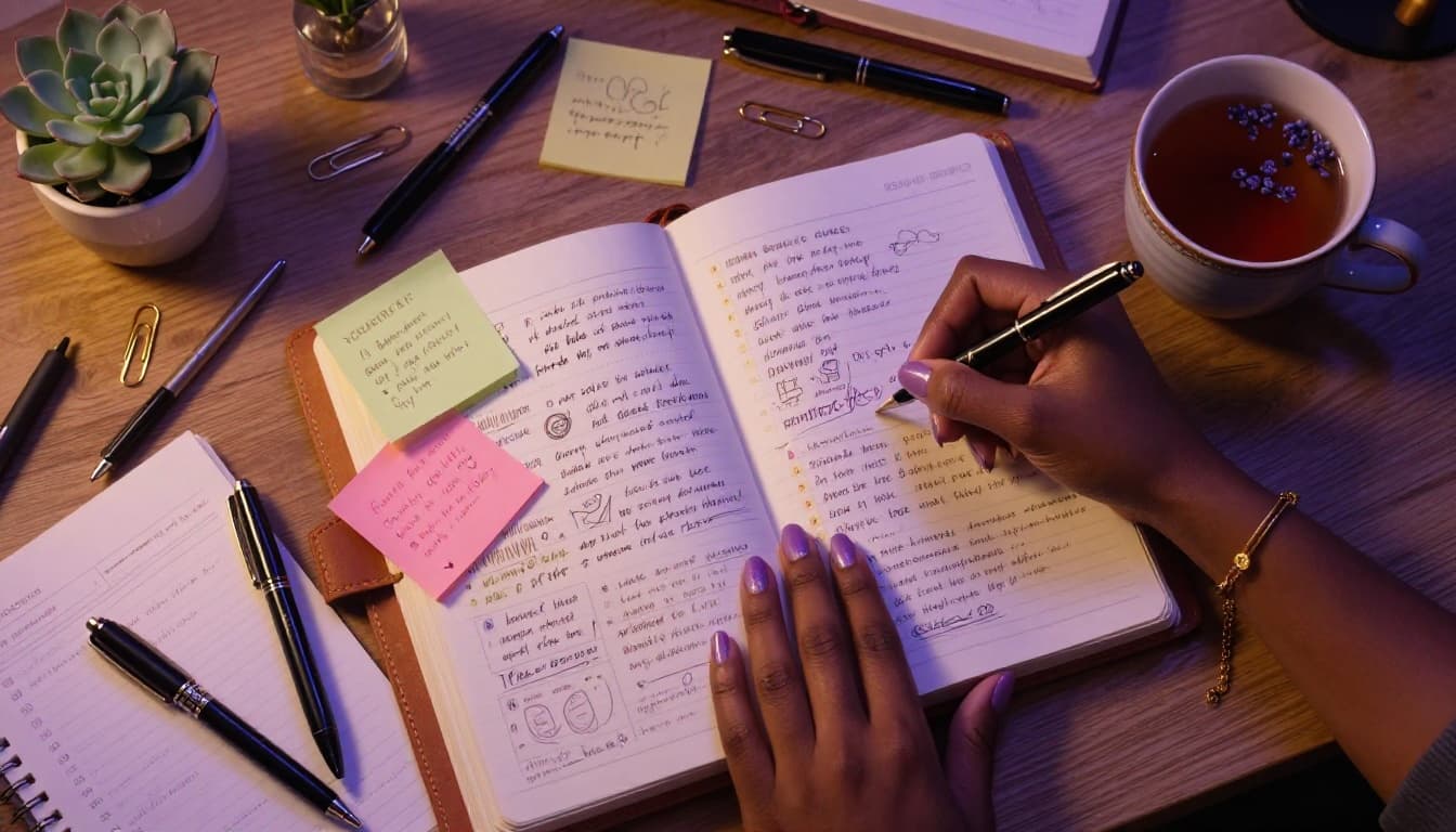 Open journal filled with handwritten notes and sticky notes as a woman plans and brainstorms her business ideas