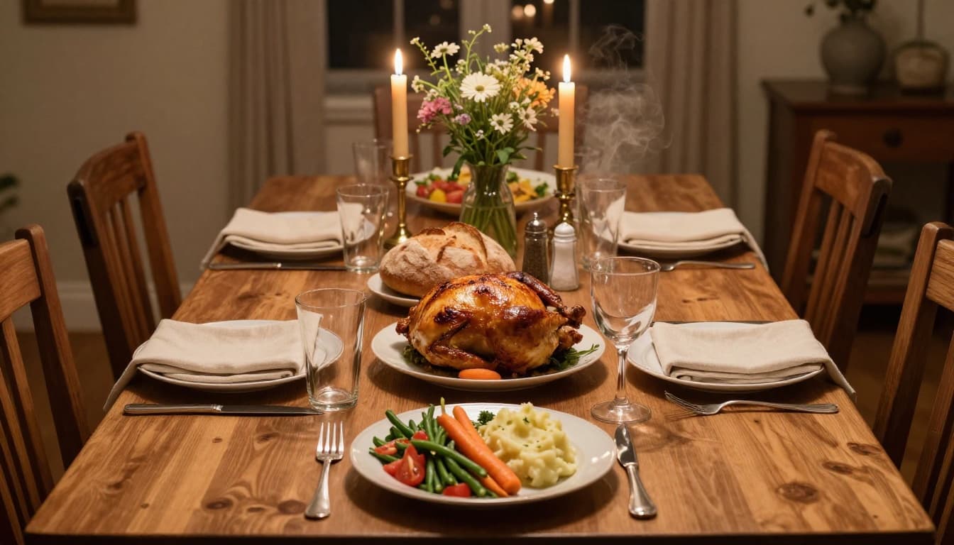 Warmly lit dinner table set with home-cooked meal and simple place settings