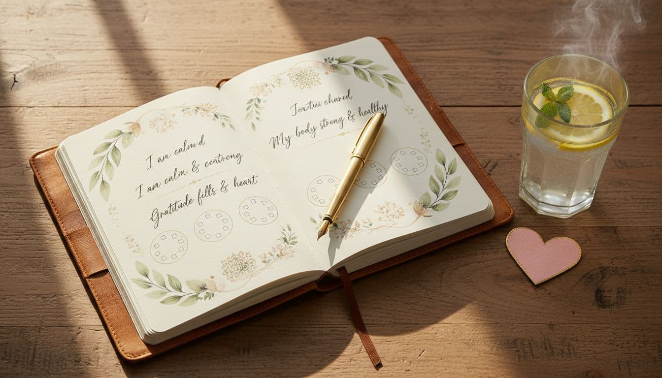 Journal and water on table for tracking heart health and self-love habits