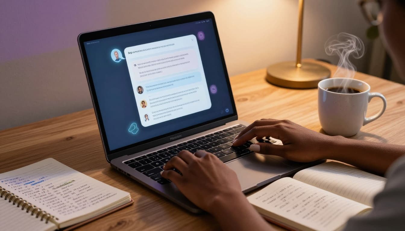 Close up of a Black woman’s hands typing on a laptop with an AI chat interface while reviewing notes in a notebook