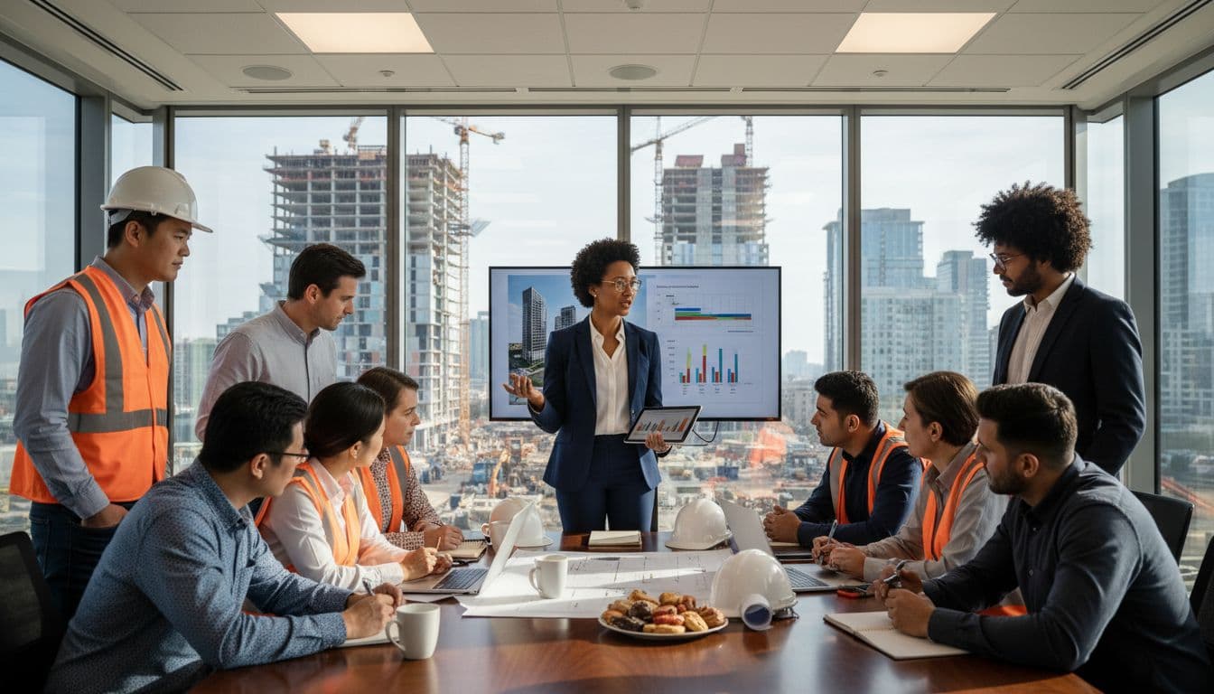 Black female project leader guiding a diverse construction team meeting with digital tools
