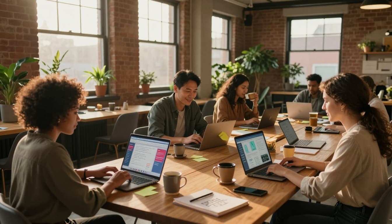 Group of entrepreneurs working on laptops together in a shared workspace