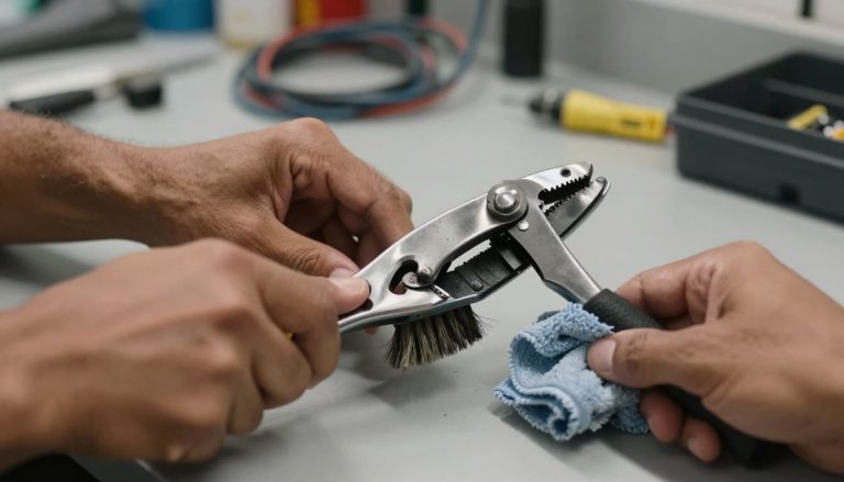 Hands cleaning crimp tool jaws with a brush and cloth on a workbench