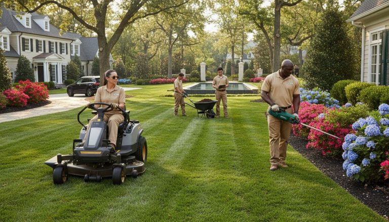 Diverse landscaping team mowing and maintaining a large suburban lawn with flowers and shrubs