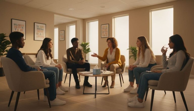 Teenagers participating in a group therapy session with a licensed counselor