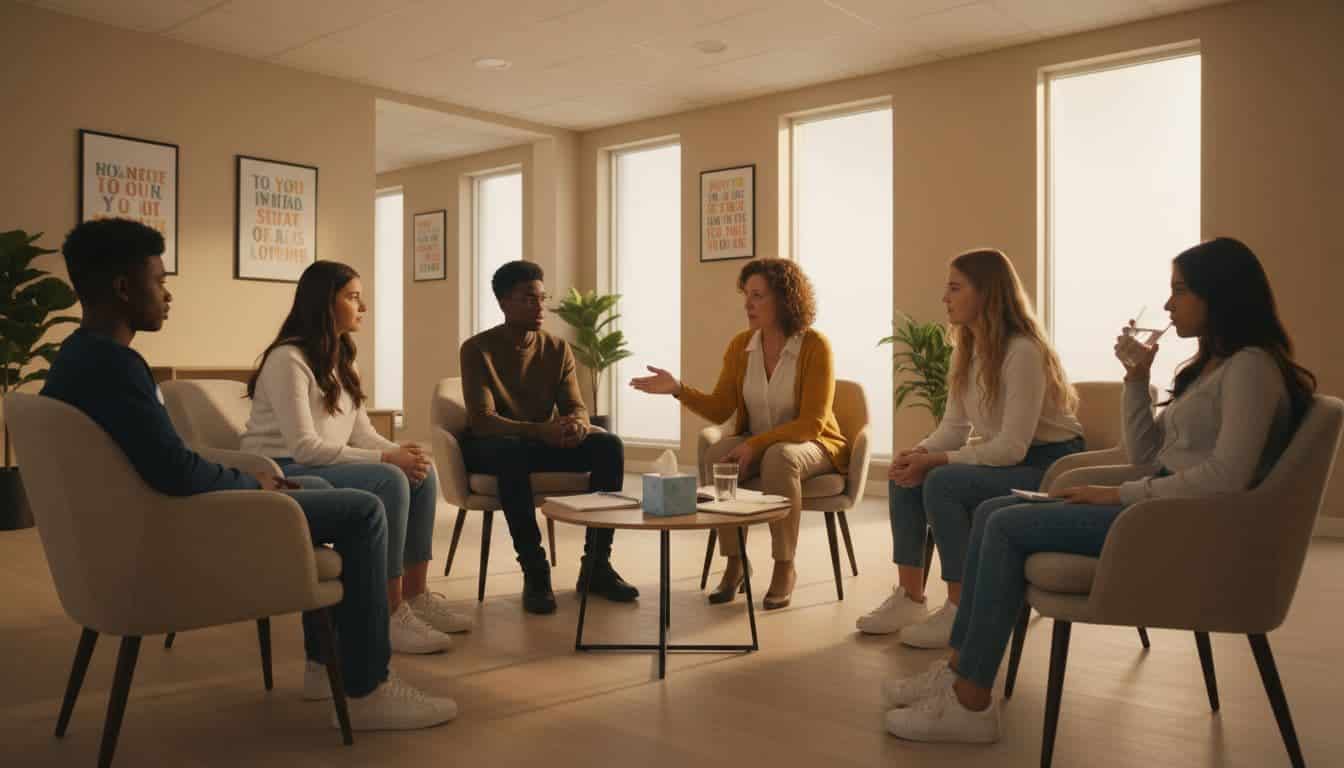 Teenagers participating in a group therapy session with a licensed counselor