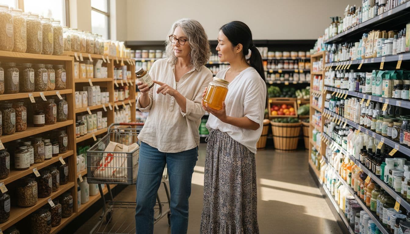 Two diverse women over 40 comparing eco-friendly product packaging in store