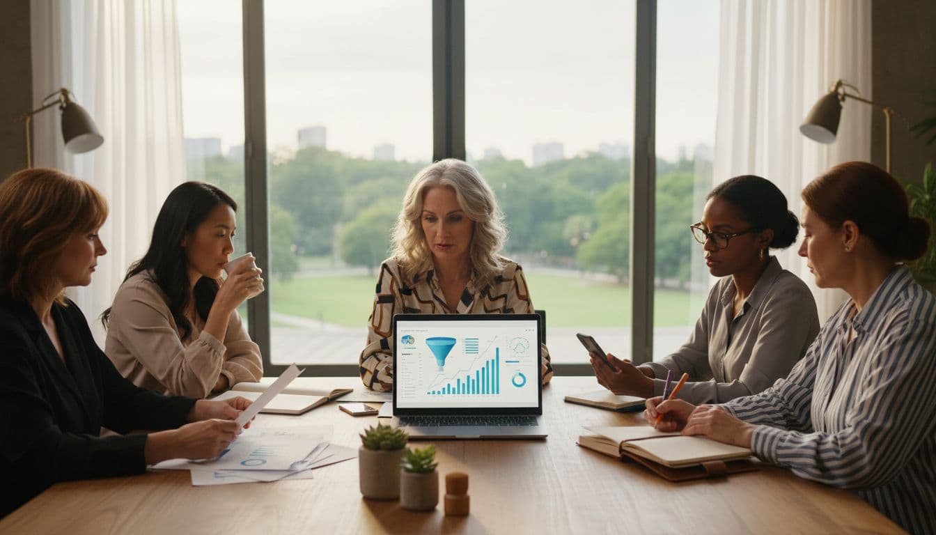 Diverse women entrepreneurs over 40 reviewing a lead generation dashboard during a business strategy meeting