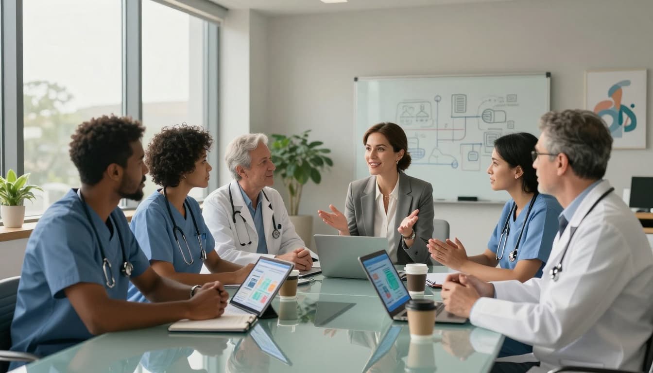 Healthcare entrepreneur collaborating with clinicians in a conference room setting