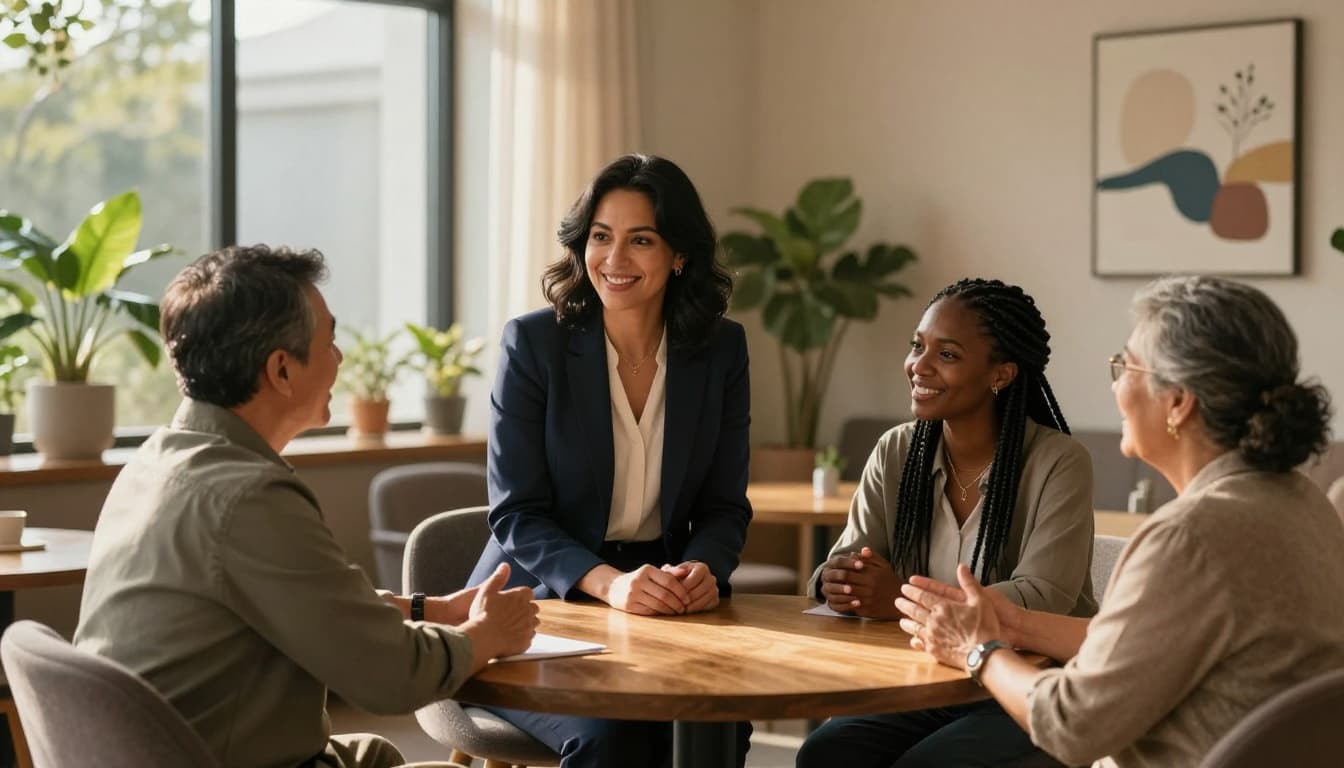 Healthcare entrepreneur meeting with a diverse group in a collaborative discussion