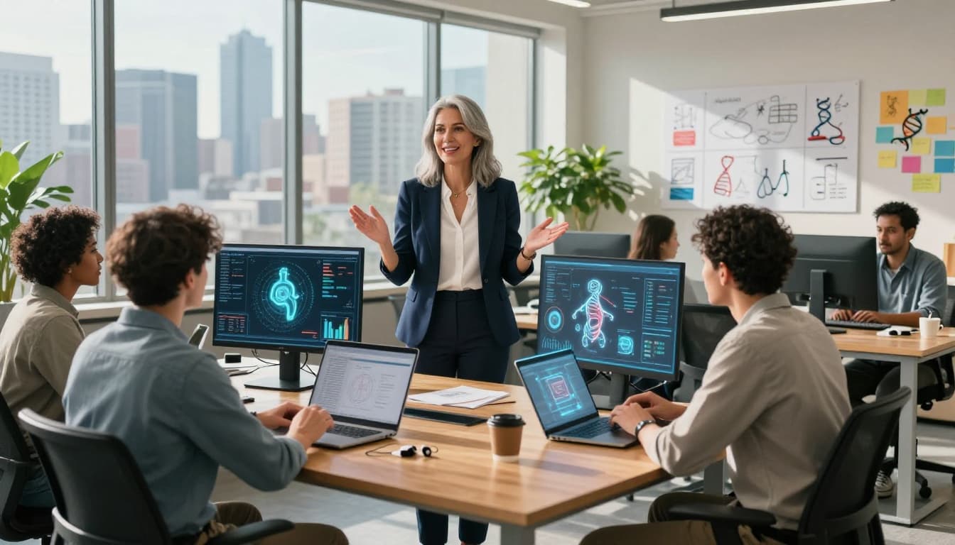 Healthcare entrepreneur leading a diverse technology team in a modern workspace