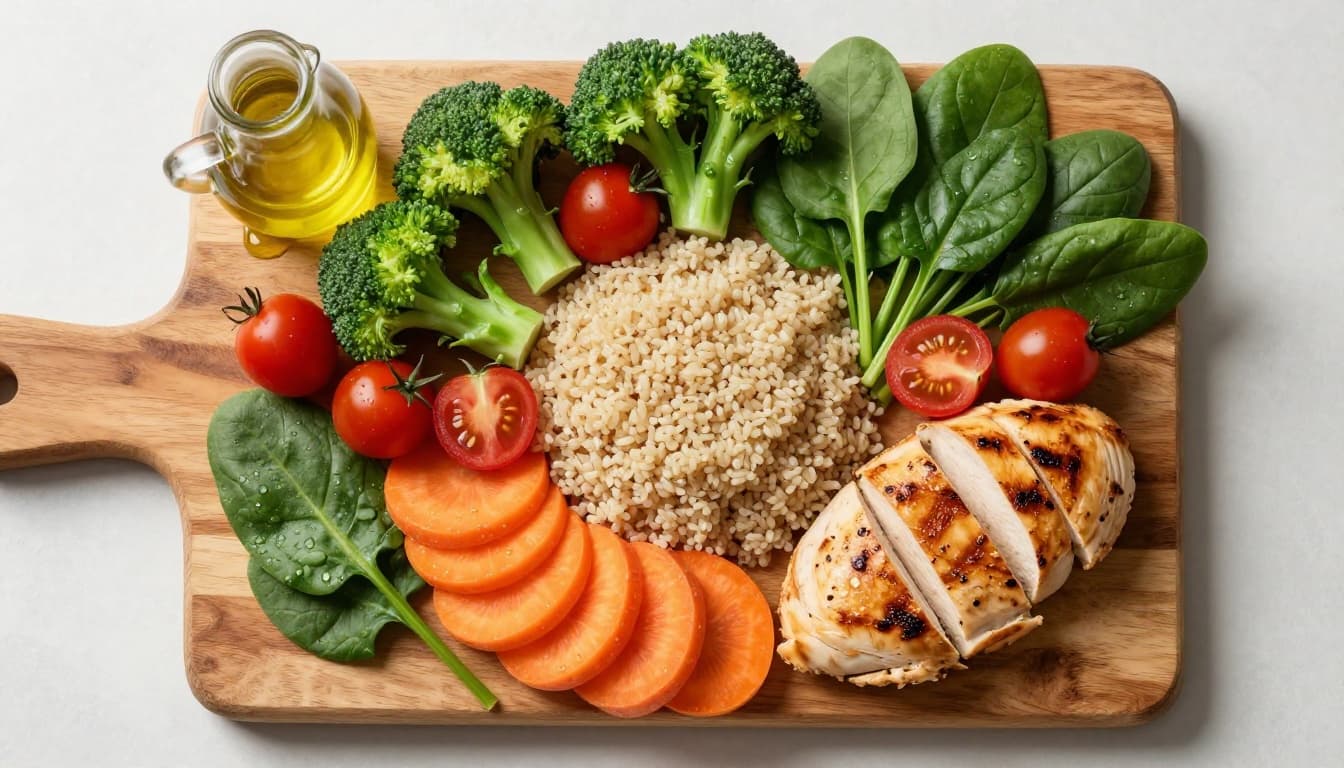 Chicken, quinoa, vegetables, and olive oil arranged neatly to show balanced meal components