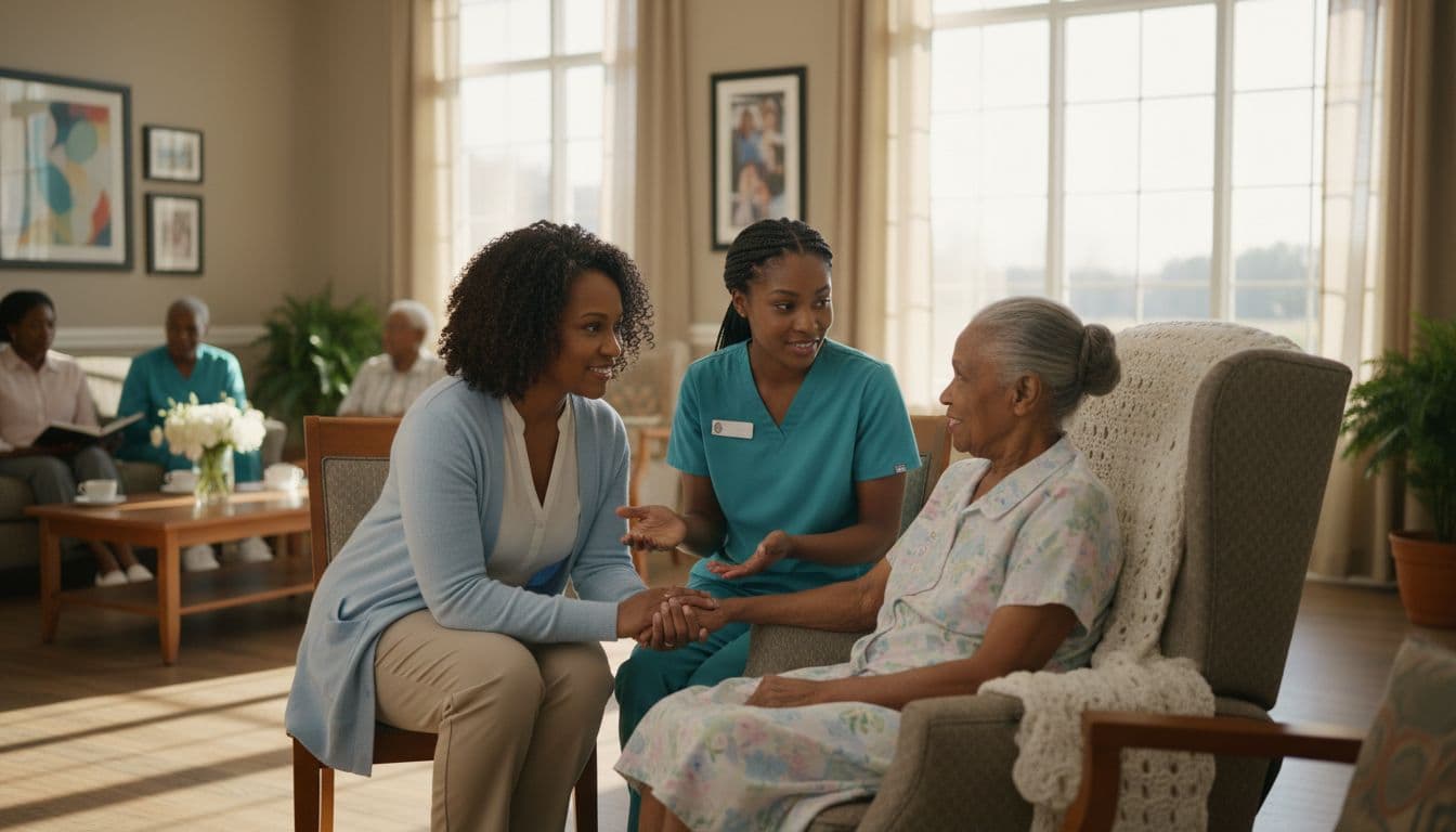Middle-aged African American woman and caregiver speaking warmly with elderly mother in senior care community