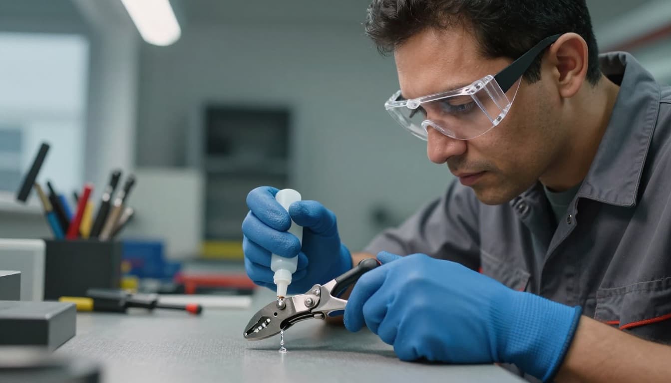 Technician applying lubricant to crimp tool hinge while wearing safety gloves