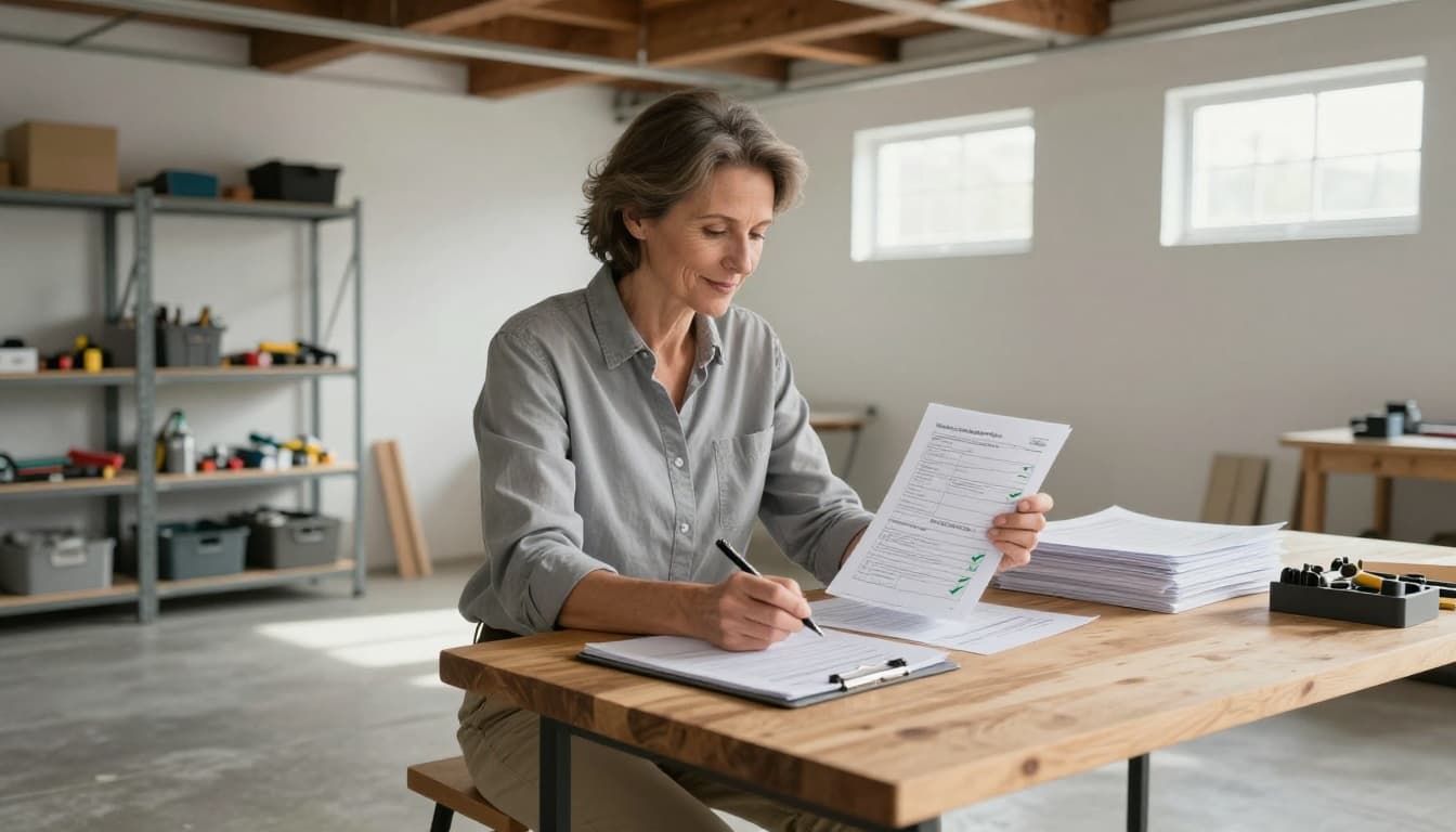 Homeowner reviewing basement inspection documents in a clean unfinished basement