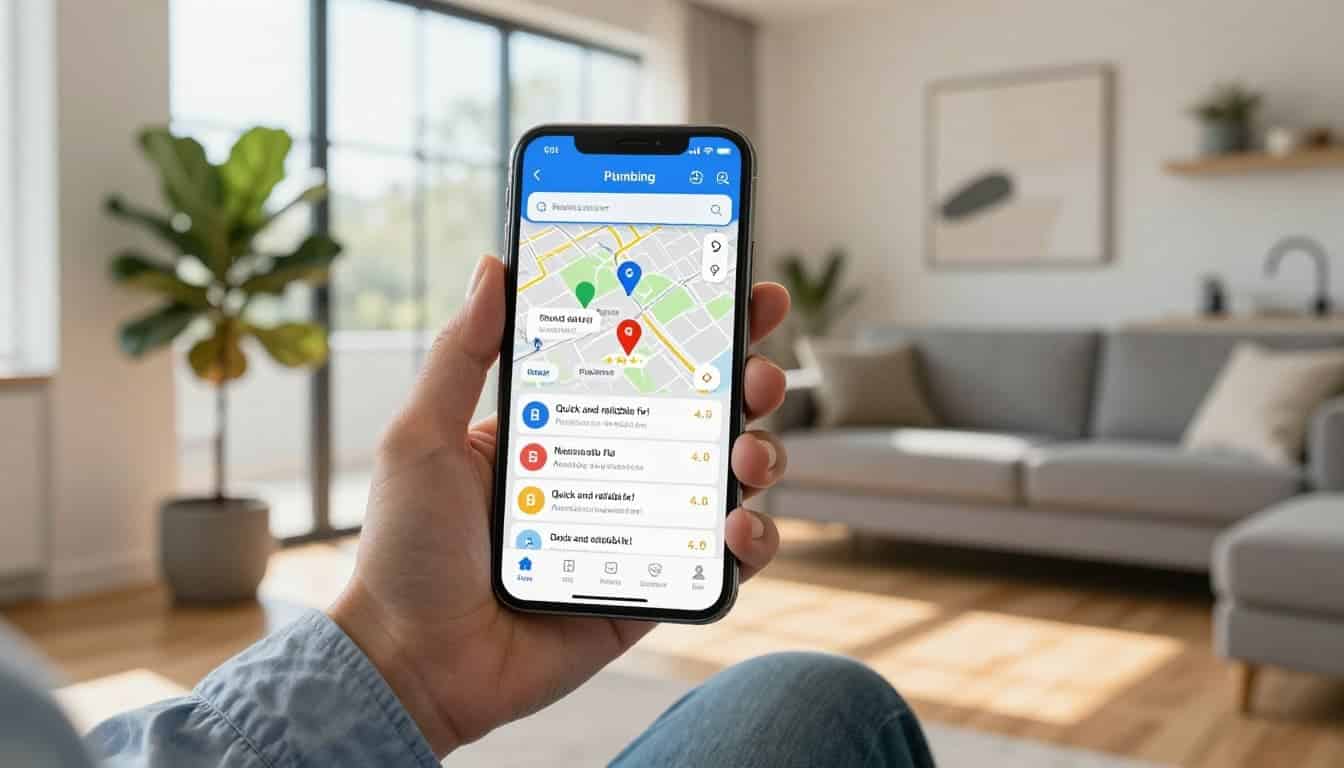 Smartphone displaying a local plumbing service search with map results