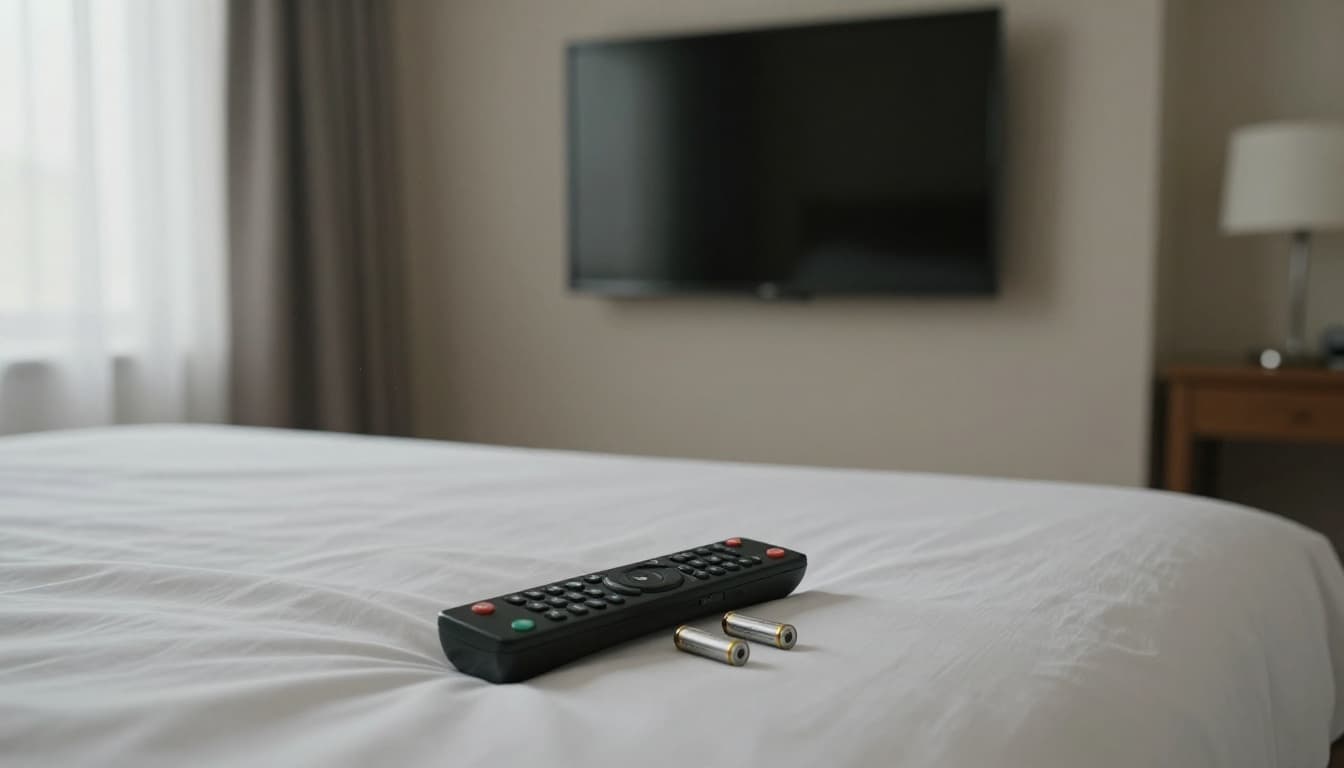 Hotel room TV remote with removed batteries resting on the bed