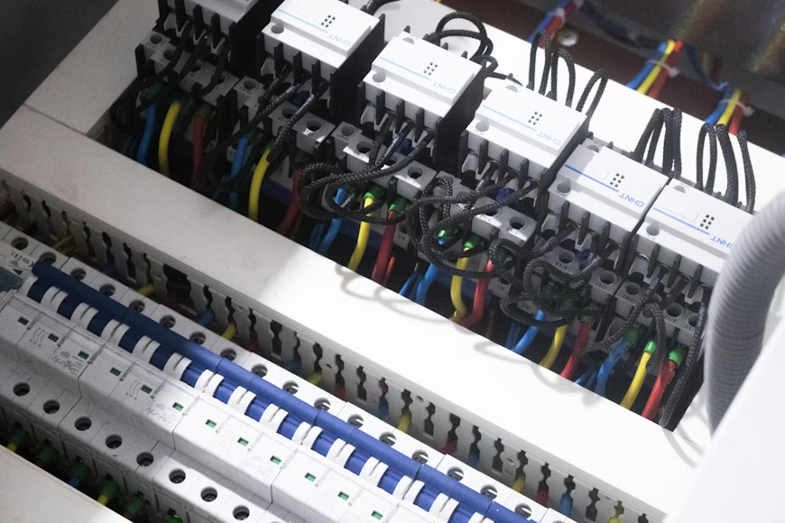 Electrical panel with organized wiring and circuit breakers, representing home utility setup