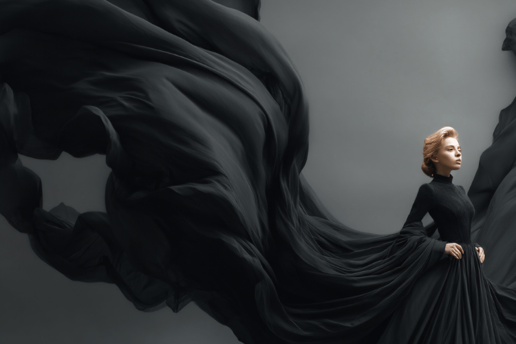 Woman wearing a dramatic black luxury gown with flowing fabric, representing modern elegance and high-end fashion