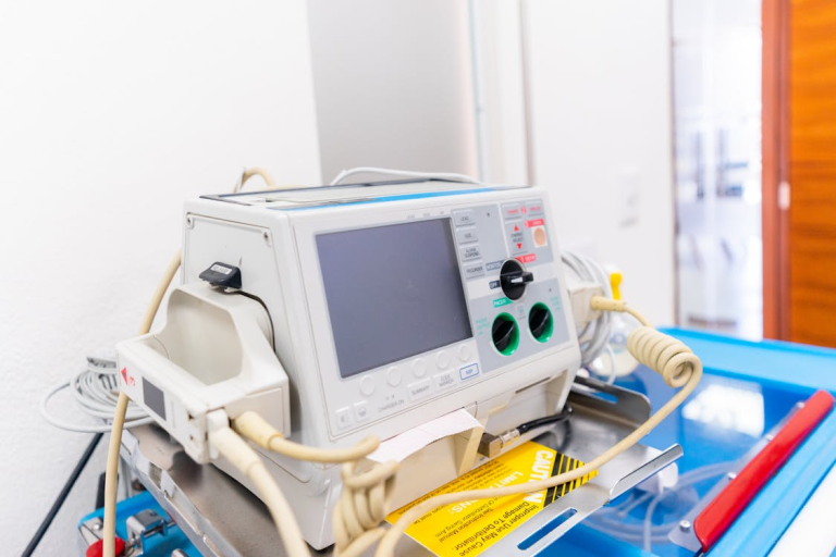 Automated external defibrillator (AED) machine on medical cart in healthcare clinic
