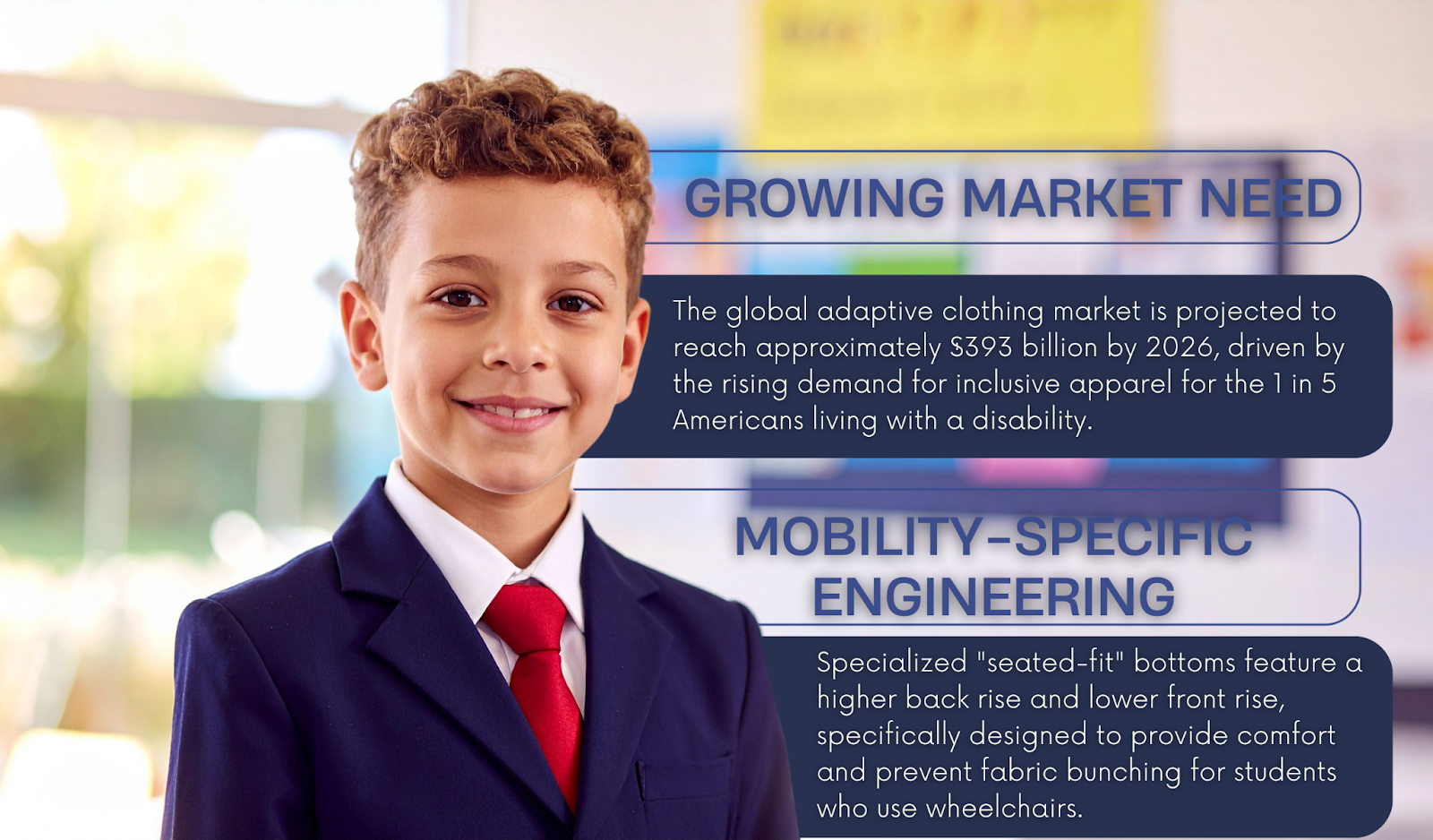 Smiling schoolboy in blazer and tie, representing adaptive school uniforms designed for mobility, comfort, and seated fit