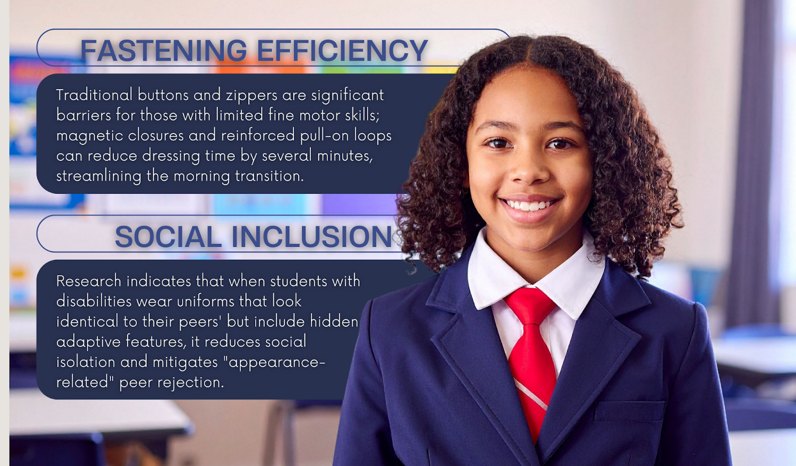 Schoolgirl in navy blazer and red tie smiling in classroom, representing inclusive adaptive school uniforms that blend in with peers