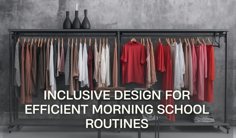 Clothing rail with coordinated school uniform pieces in neutral and red tones, representing adaptive school uniform options for inclusive morning routines