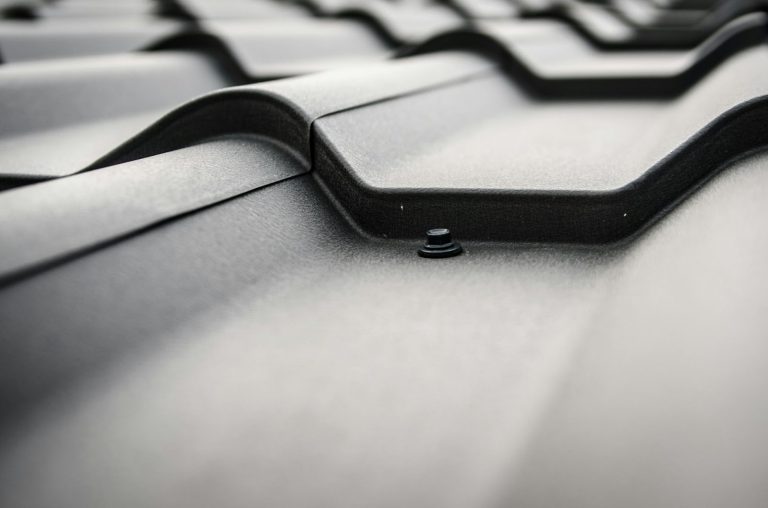 Close-up of modern metal roofing panels on residential home