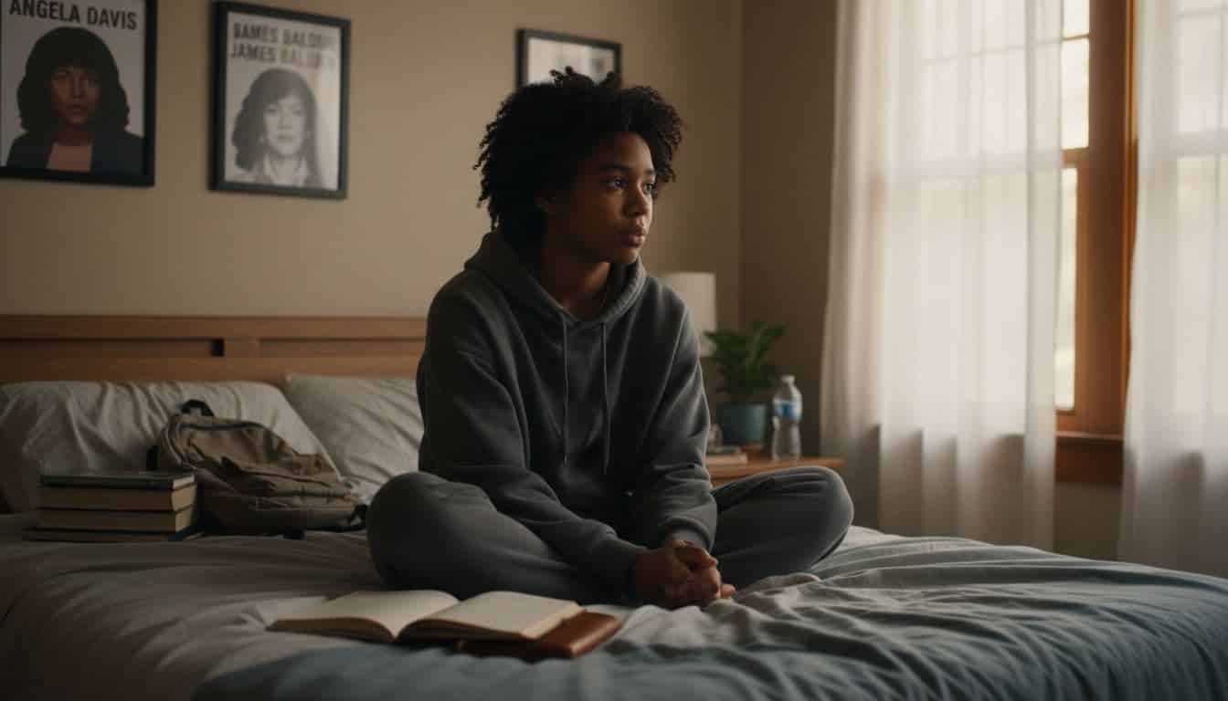 Black teen sitting on a bed looking thoughtful and emotionally overwhelmed