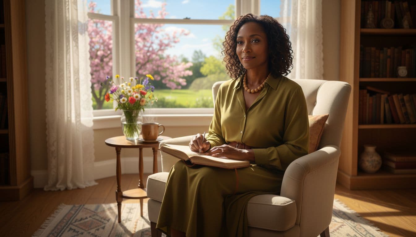 Black woman journaling in a chair by a window with spring flowers outside