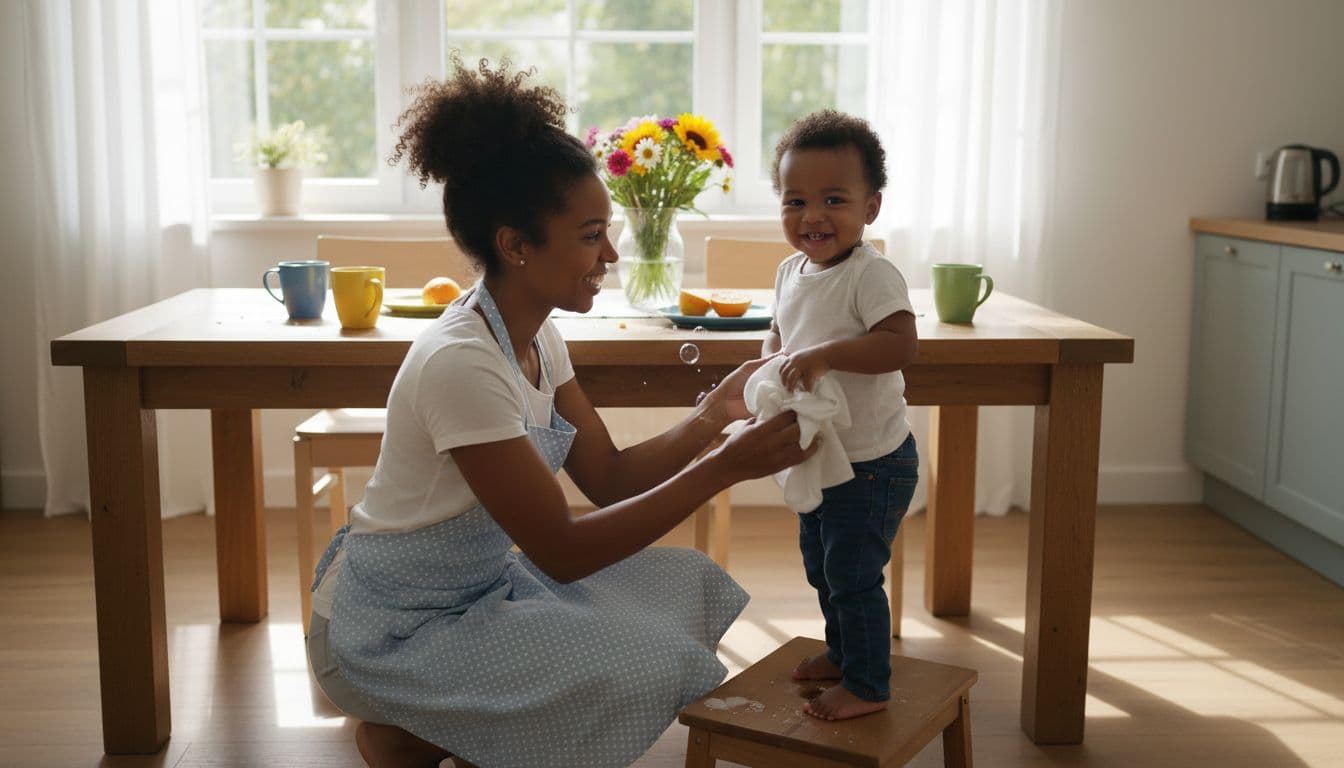 Mother and toddler cleaning kitchen table together during shared chore time
