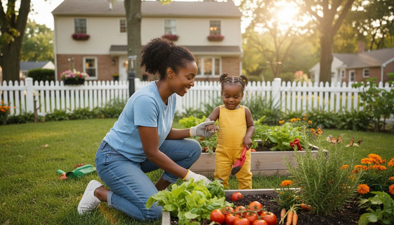 Black mother in her 40s gardening with toddler in a raised backyard garden bed