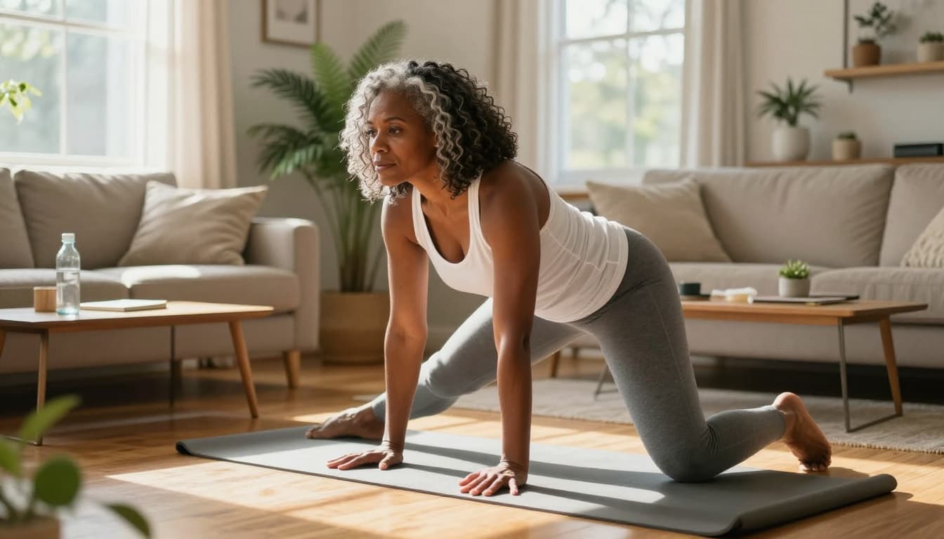 Black woman in her 40s stretching on a yoga mat at home in a bright living room
