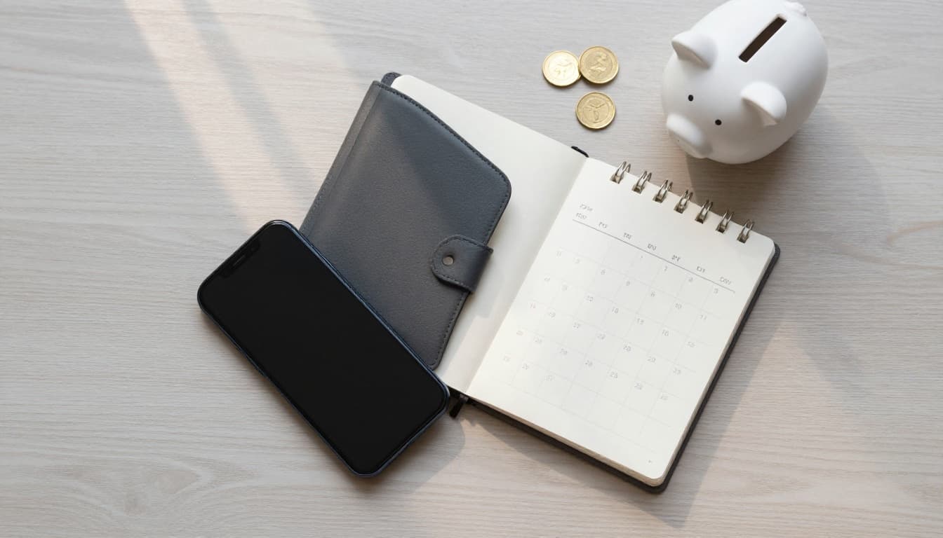 Desk flat lay with smartphone, notebook, calendar, and piggy bank
